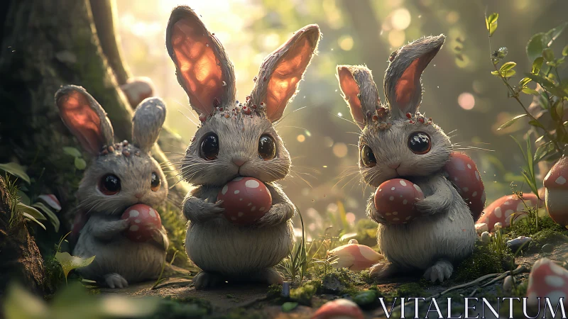 Three fantasy rabbits holding red mushrooms in forest.