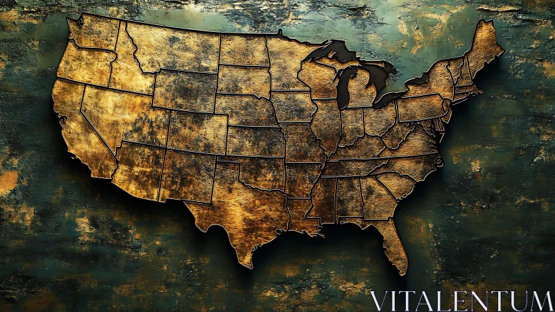 Gilded weathered USA map glowing over teal patina wall.