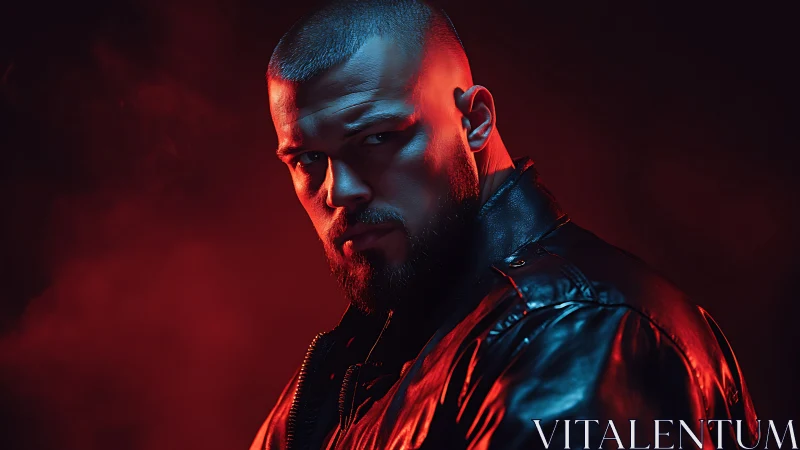 Moody red-gelled portrait of intense man in leather jacket.