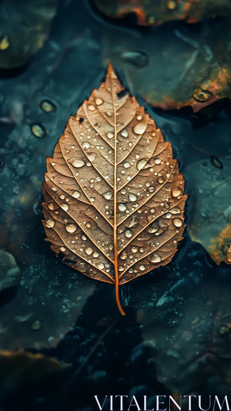 Copper leaf holds crystal raindrops on dark water surface.