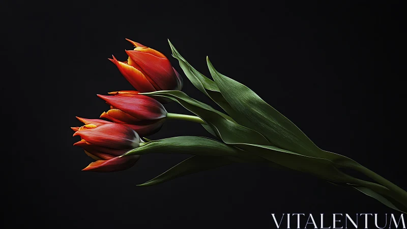 Crimson Tulips Blazing Against Midnight Darkness. Radiant.