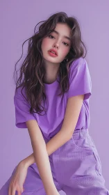 Monochrome lavender fashion portrait exudes soft confidence.