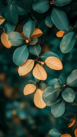 Golden leaves resting gently against deep teal greens.