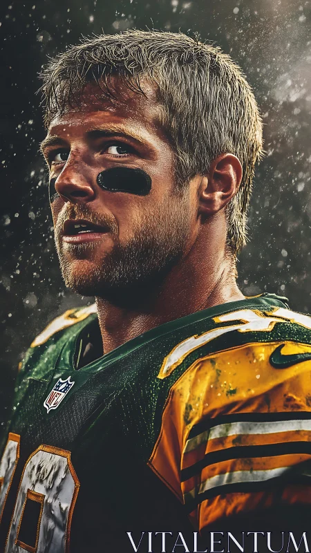 Gridiron portrait under rain with dramatic sidelight and grit.