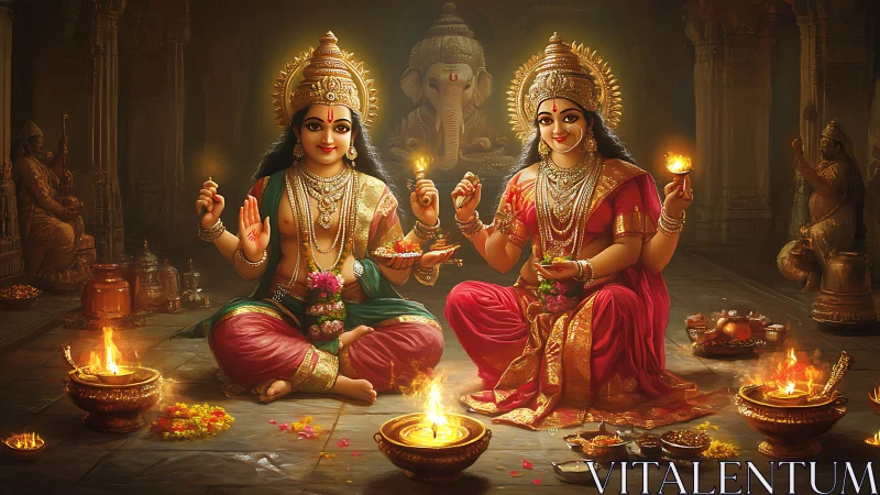 Radiant temple goddesses sharing lamp-lit festive abundance.