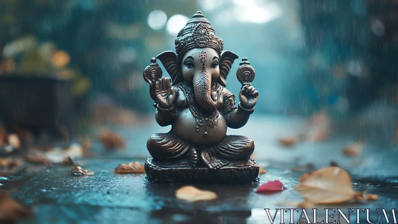 Rain-soaked Ganesha statue quietly crowns the misty street