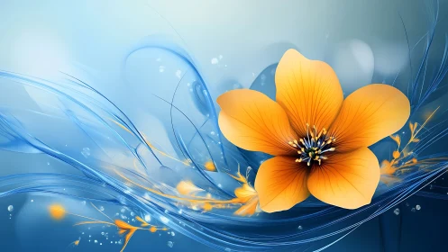 Orange flower rendered with blue wave abstraction against gradient sky
