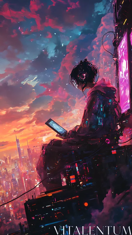 Solitary cyberpunk hacker overlooks neon city at sunset
