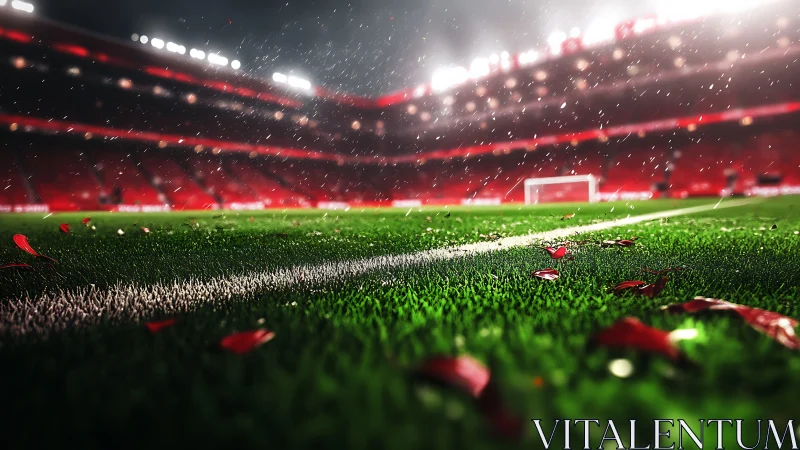 Floodlit goalmouth hush on rain-speckled emerald pitch.