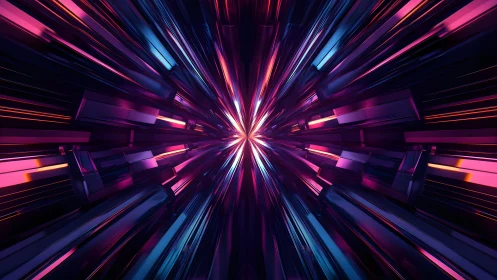 Futuristic tunnel of neon light beams in an abstract digital style.