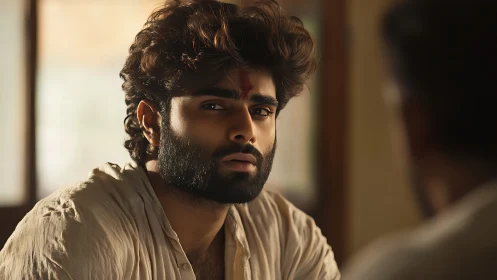 Pensive young man in soft window light holds a steady gaze.
