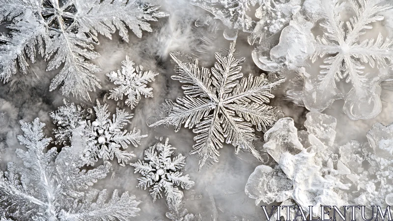 Crystalline snowflake macro study in frosted grayscale field.