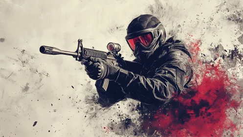 Tactical marksman in motion with splatter-field abstraction.
