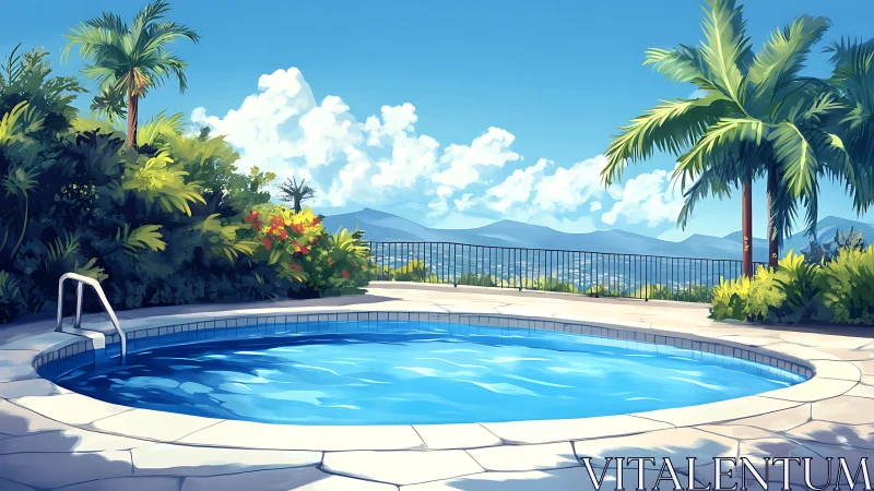 Sunlit hillside pool overlooks distant misty mountains.