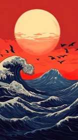 Crimson sky over stylized dark waves and distant sun.
