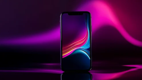 Premium smartphone with fluid gradient display and neon ambient studio lighting setup