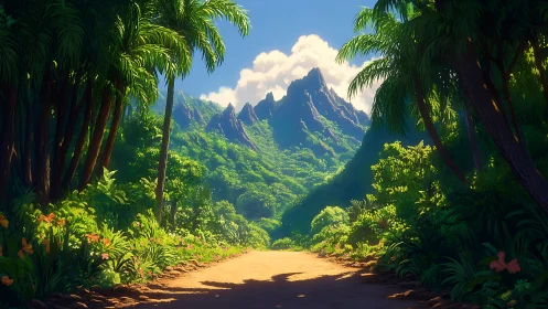 Tropical valley framed by towering palms beneath mountain peaks