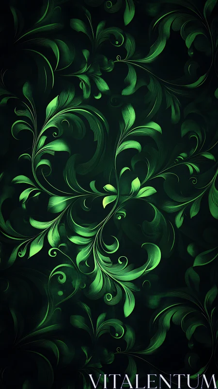 Lush emerald leaves curl gently across a deep green glow