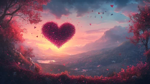 Radiant heart blooms across romantic mountain landscape.