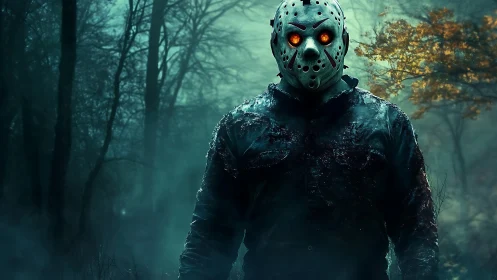 Masked forest figure with glowing eyes in eerie foggy woods.