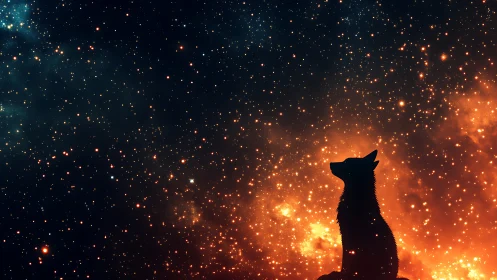 Silhouette of lone wolf against bright star filled cosmos.