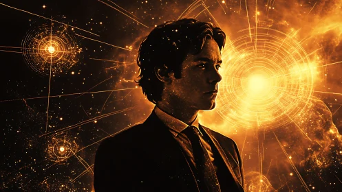 Silhouetted businessman against radiant cosmic data vortex