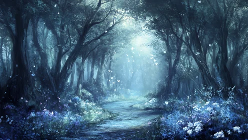 Enchanted Forest Path: Where Nature Glows With Magical Blue Light