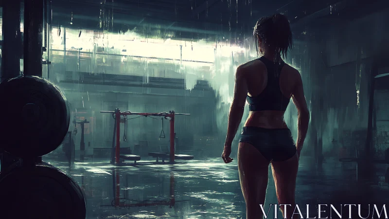Backlit athlete in rain soaked industrial training gym interior