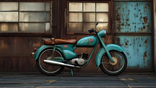Teal vintage motorcycle poised against weathered factory doors.
