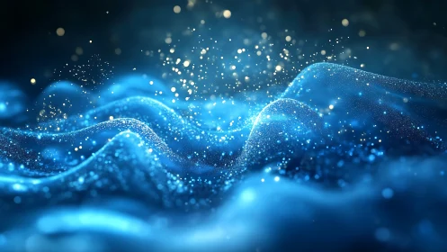 Luminous blue particle waves forming abstract digital landscape.