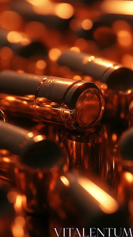 Close-up view of stacked metallic bullet cartridges in rows.