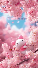 Kawaii bunny mascot nestled in dense cherry blossom canopy