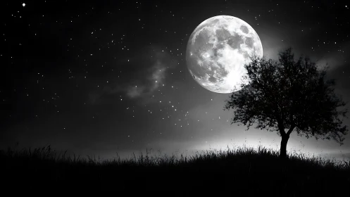 Full moon illuminates lone tree on starlit hillside night.