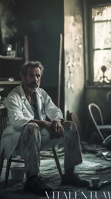 Weary technician in distressed workshop under moody sidelighting