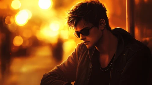 Male figure in jacket against defocused urban lights.