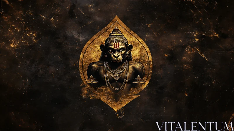 High-contrast golden simian deity bust within textured teardrop frame