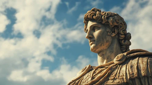 Marble hero studies the restless sky with timeless resolve