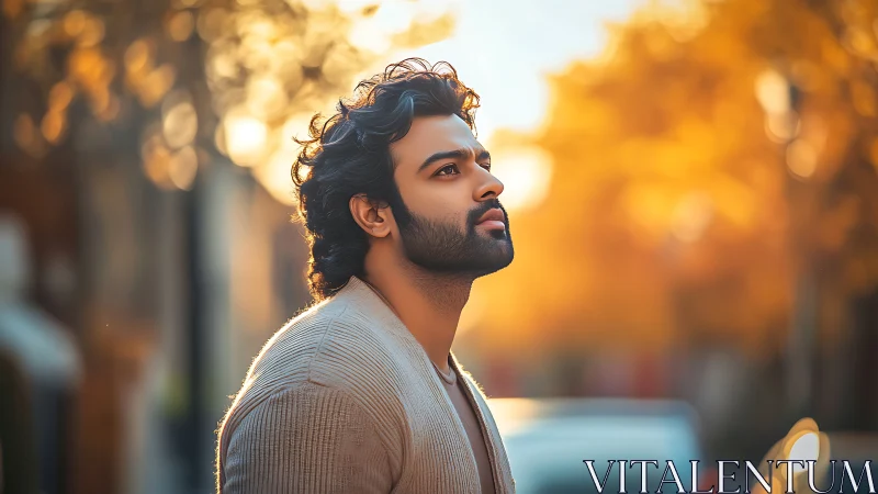 Thoughtful man in autumn street basks in warm golden light