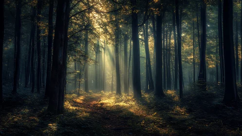 Sunlit Forest Path Through Dense Woods
