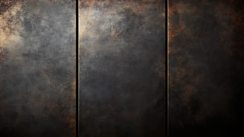 Abstract metallic triptych with textured dark bronze panels.