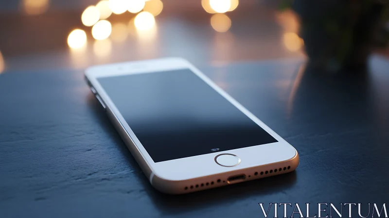 White smartphone rests on dark surface with golden bokeh lighting.