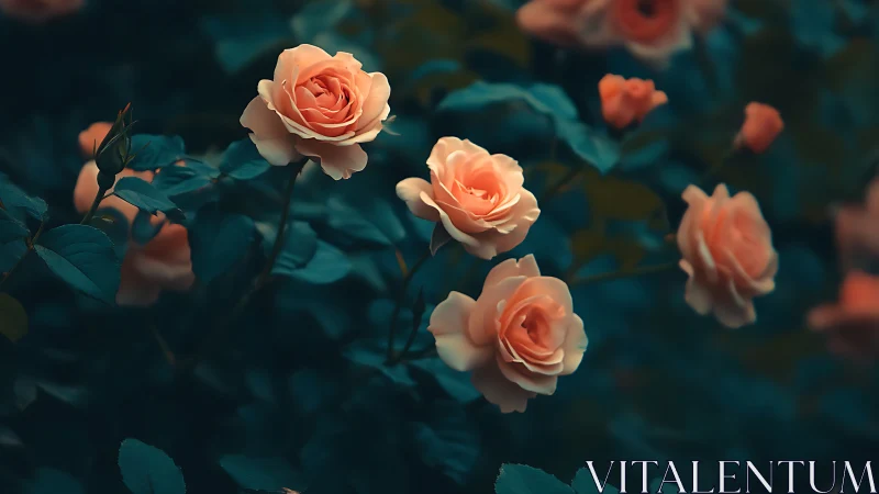 Peach roses blooming against teal foliage backdrop