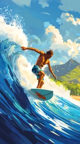 Sunlit surfer riding a vibrant tropical ocean wave.