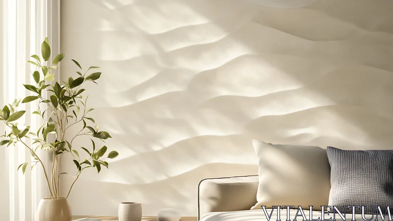 Sunlit waves on cream walls with calm sofa and leafy muse.