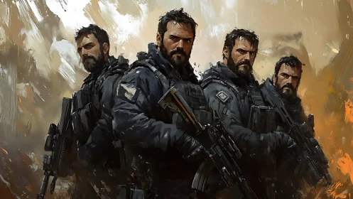 Elite tactical squad stands united in painterly battleground.