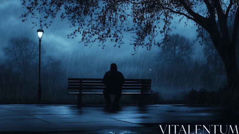Solitary figure contemplates under rain-soaked night sky.