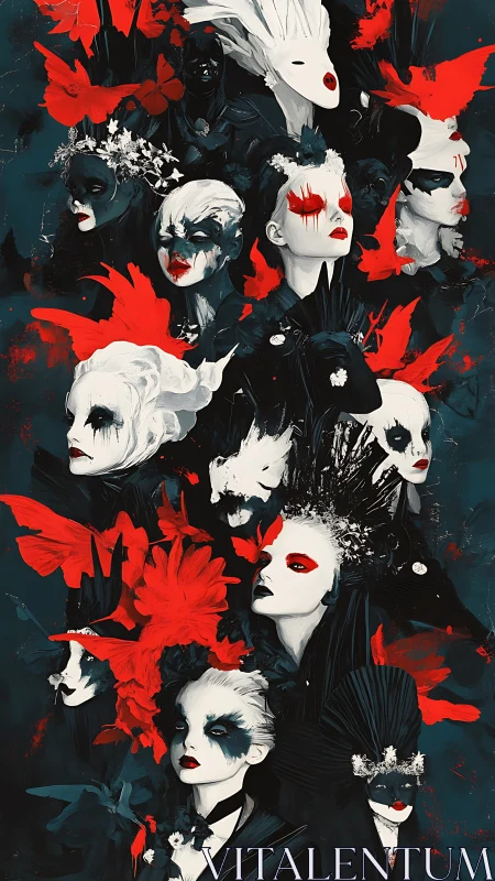 Surreal masked portraits in red, white, and black cascade.