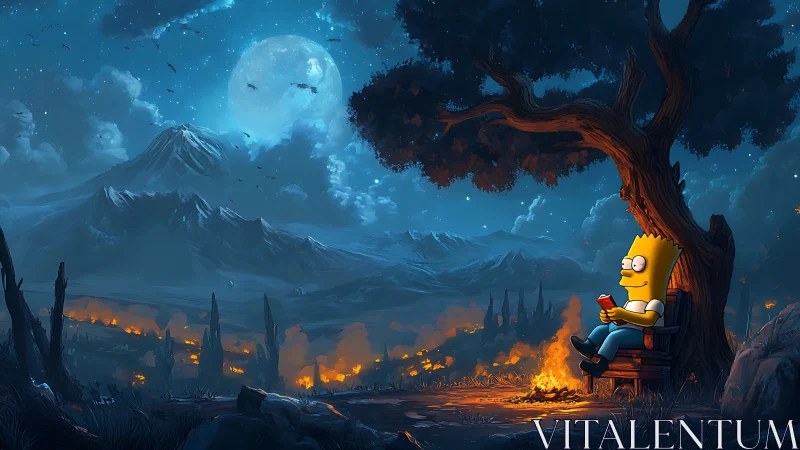 Homer Simpson watches burning cityscape under moonlight.