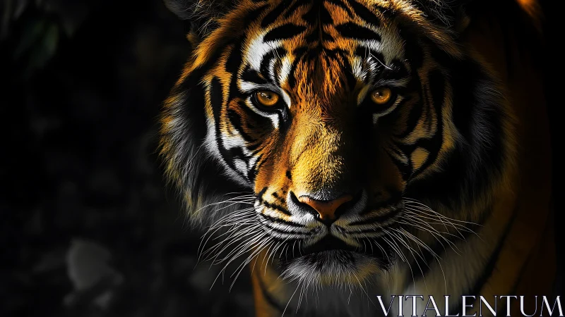 Golden-eyed tiger emerging gently from the jungle shadows.