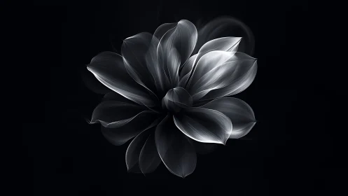 Monochrome lotus bloom glows over deep black void.